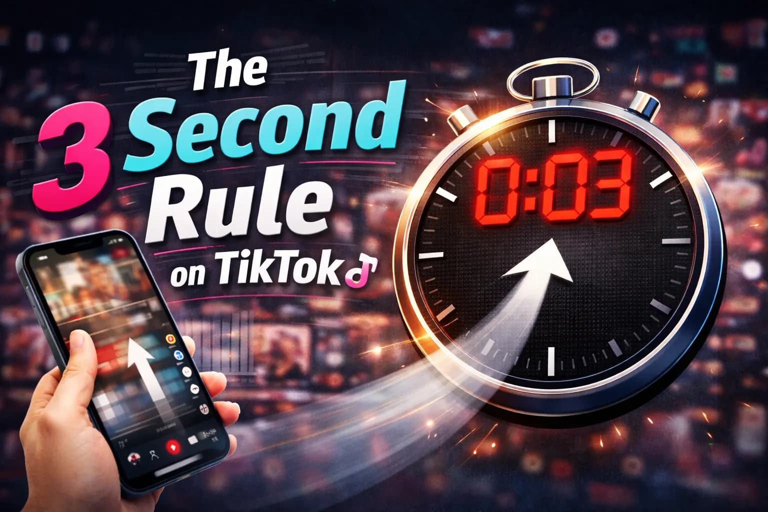 16:9 blog header image showing a hand scrolling a blurred TikTok-style feed on a smartphone and a large glowing stopwatch reading “0:03,” symbolizing the first three seconds when viewers decide whether to keep watching or swipe away.