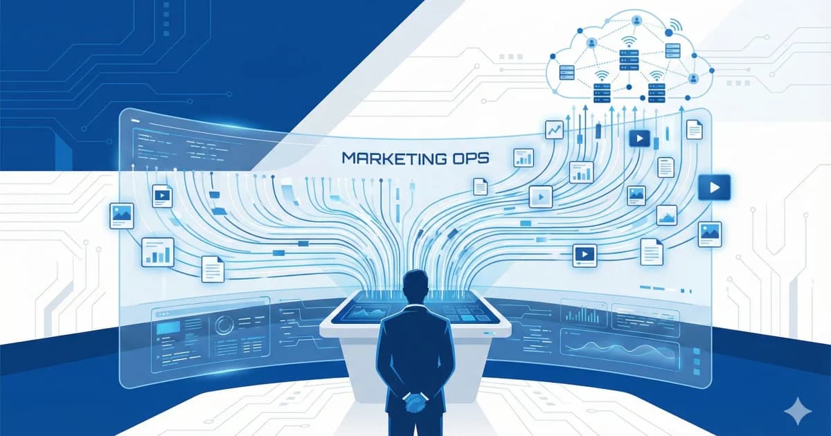 Illustration of the Zero-Employee Marketing Stack: A single SaaS founder managing massive content scaling through an automated marketing ops dashboard, replacing a manual team.