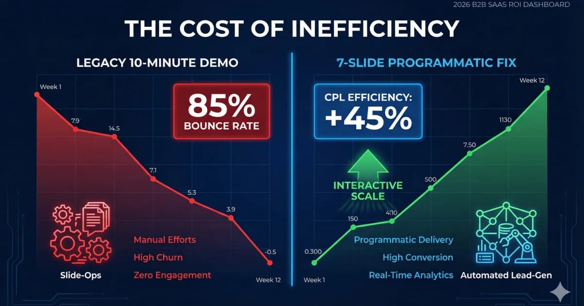 Featured image for 2026 B2B SaaS marketing blog comparing 10-minute demos with the 7-slide programmatic fix. It highlights a 45% increase in CPL efficiency and the elimination of manual editing debt through automated Slide-Ops.