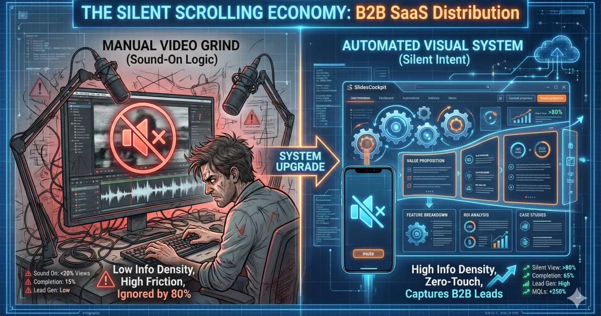 Infographic comparing 'Sound-On Logic' versus 'Silent Intent' for B2B SaaS content distribution in 2026. It highlights the technical shift to high-density slideshows for the 80% of TikTok users scrolling in silence. Detailed visualization of Marketing Ops benchmarks and the transition from manual video editing to automated visual systems.