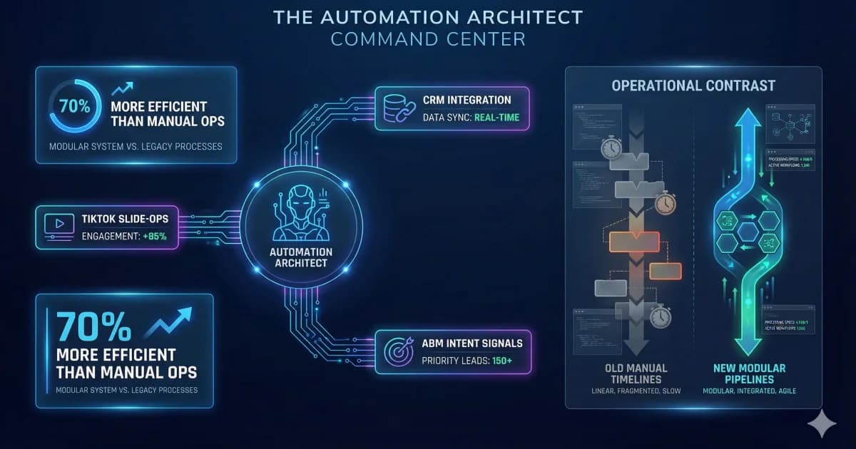 Featured image comparing the 2026 Automation Architect role to traditional content management. It visualizes an AI-native workflow that increases marketing operational efficiency by 70%.